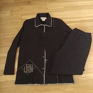 Saint Germain Paris Black Pantsuit with Decorative White Stitching Large